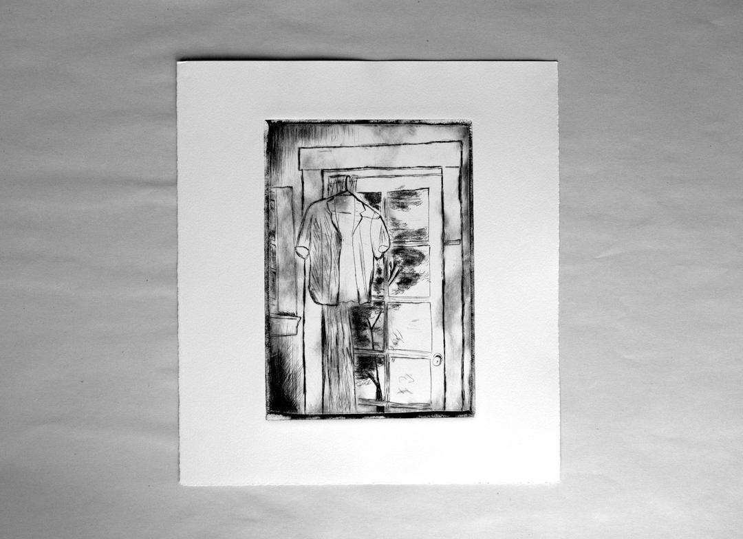 Drypoint print of blouse in window