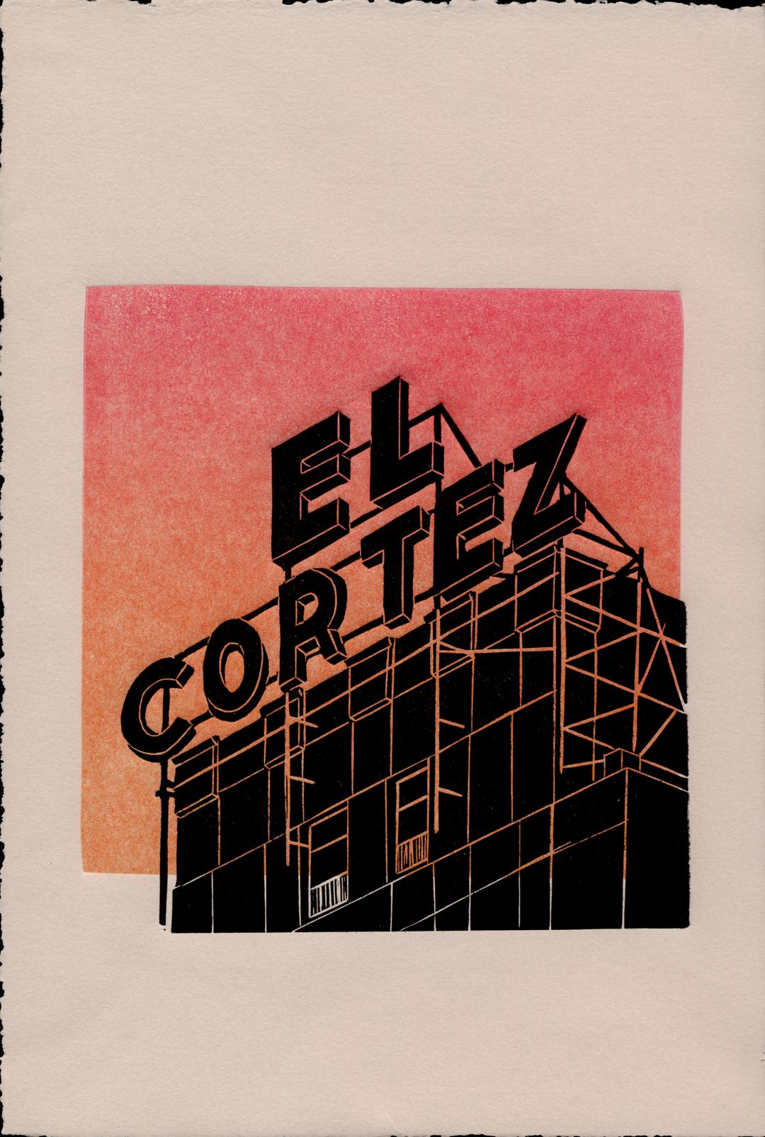 Linocut print of El Cortez sign