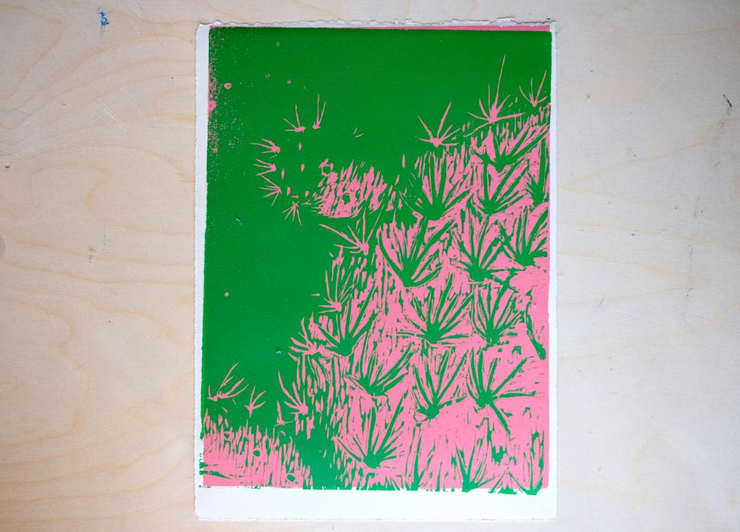 Woodcut print of prickly pear cactus