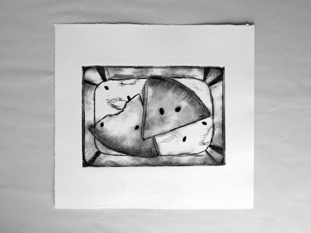 Drypoint print of watermelons in tin